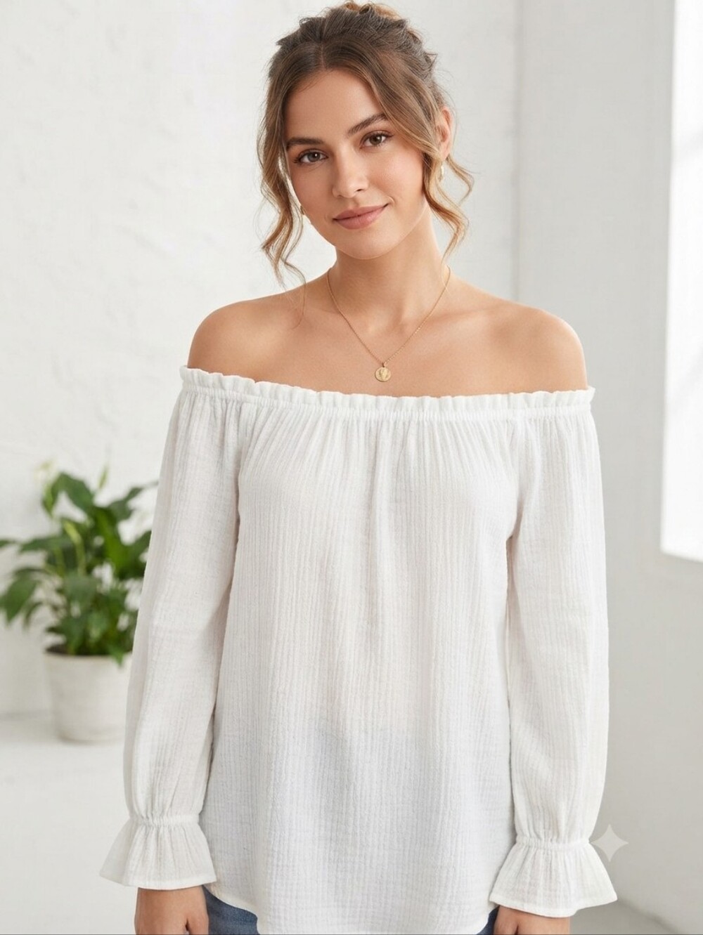 Lands' End Women's White Off-Shoulder Long-Sleeve Tunic